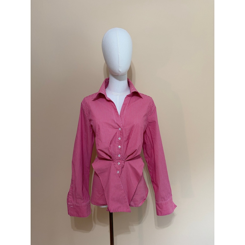 J. Peterman Pink Striped Cinched Waist Button Down Shirt Womens 16 Excellent